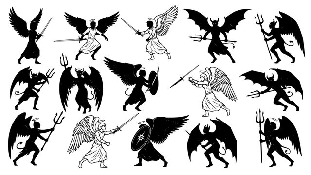 Angels and demons fighting with swords and tridents
