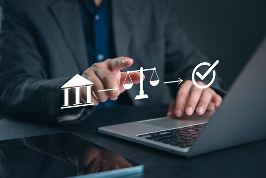 Compliance, audit manager taps a laptop flow from institution to law to checkmark, tracking regulation, approval, governance, policy, legal risk, security, and workflow. concept accountability.