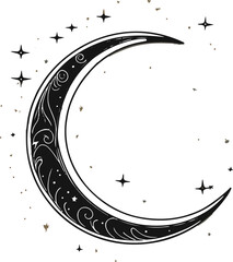 continuous line art of crescent moon with stars, black outline, white background, dreamy night vibe 1 © rokeya