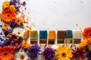 Colorful paintbrushes surrounded by vibrant flowers on a white background