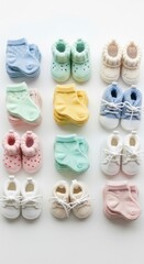 Assortment Of Colorful Baby Shoes And Socks On White Surface Overhead View