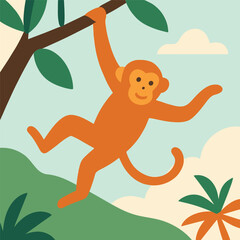 A cheerful orange monkey hangs from a tree branch in a lush jungle scene.