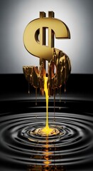 Golden Dollar Symbol Melting Over Rippled Black Liquid Reflecting White Background