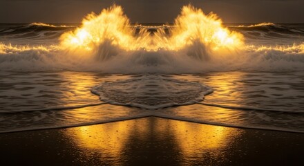 Golden Waves Crashing On Shoreline Under Dramatic Sunlight Reflection