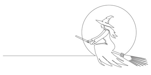 Continuous line art of a witch riding a broomstick. Happy Halloween. Vector illustration
