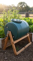 Green Compost Bin with Wooden Support in Garden Setting with Sunlight and Green Plants