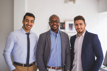 Smiling faces of three multi-ethnic businessmen in modern office setting, confident expressions, diversity and success concept