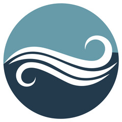 Circular logo with abstract blue waves and darker blue water below