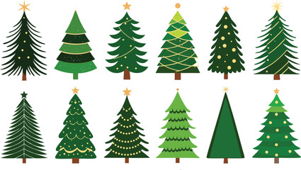 Twelve Festive Green Christmas Trees, Flat Design; Holiday Cheer 