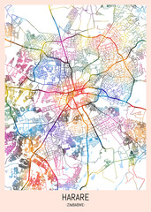 Harare Zimbabwe City Map. downtown printable Landmarks print painting, travel art banner modern city, urban city art, background abstract