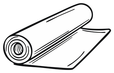 Hand drawn black and white illustration of a roll of material partially unrolled revealing the flat sheet