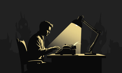 Writer Working Late Night on Typewriter Illustration