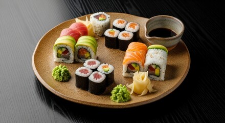 Assortment Of Sushi Rolls And Nigiri On A Plate With Soy Sauce And Wasabi