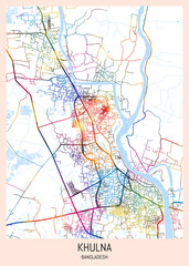 Obraz premium Khulna Bangladesh City Map. downtown printable Landmarks print painting, travel art banner modern city, urban city art, background abstract