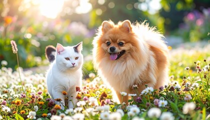 Cat and Dog in flower field with happy pets in nature, and sunlight.