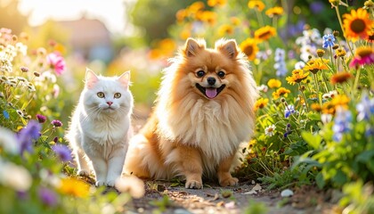 Cat and Dog Friends in a Sunny Garden with Flowers.