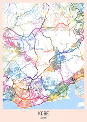 Kobe Japan City Map. downtown printable Landmarks print painting, travel art banner modern city, urban city art, background abstract