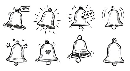 Hand Drawn Bell Illustrations in Black and White on White Background