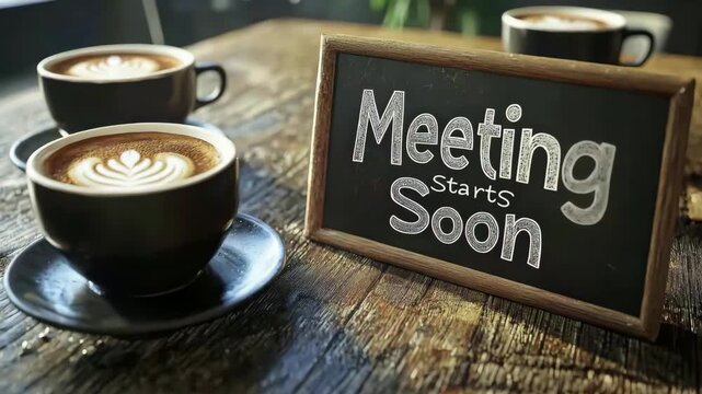 A meeting break picture with Text "Meeting Starts Soon" popping up on a chalkboard, announcing an upcoming meeting, next to cups of coffee on a cozy wooden table