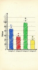 Hand Drawn Colorful Bar Graph On Textured Paper Indicating Value Comparison with Lined Axis