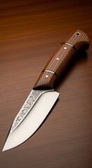 Handcrafted Knife with Intricate Blade Design on a Dark Wood Surface