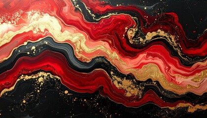 Red with black, and gold abstract fluid art background.