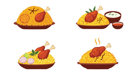 a variety of dishes featuring rice and roasted meats