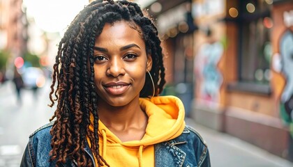 Smiling African American woman portrait on city street.