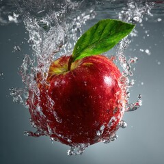 red apple with green leaf underwater splash motion