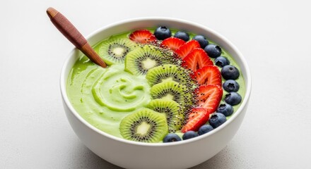 Healthy Green Smoothie Bowl with Kiwi Strawberries and Blueberries on White Background