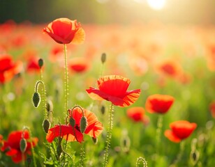 Fototapeta premium Vibrant poppy field bathed in sunlight