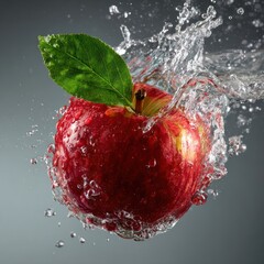 red apple with green leaf underwater splash motion