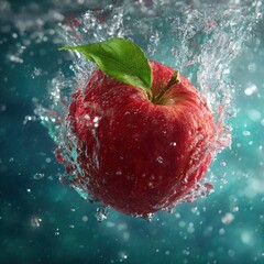 red apple with green leaf underwater splash motion