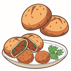 Tasty fried patties and buns on a white plate