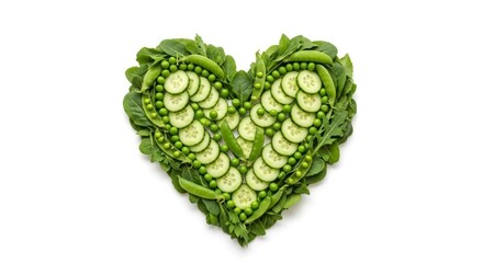 Heart Shaped Arrangement of Green Vegetables Against White Background Overhead View