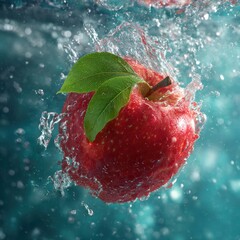 red apple with green leaf underwater splash motion