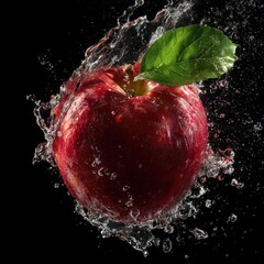 red apple with green leaf underwater splash motion