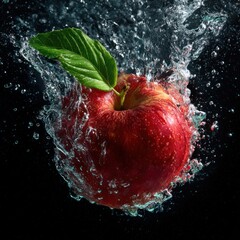red apple with green leaf underwater splash motion