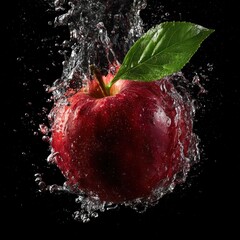 red apple with green leaf underwater splash motion
