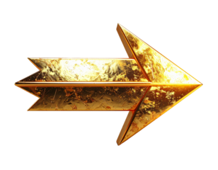 Classic shiny gold arrow pointing right isolated on transparent background PNG