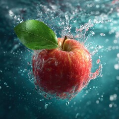 red apple with green leaf underwater splash motion