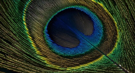 Closeup of a peacock feathers eye showcasing vibrant blues greens and golds