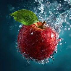 red apple with green leaf underwater splash motion