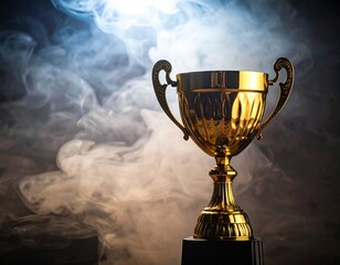 Golden trophy on black base with smoke background.