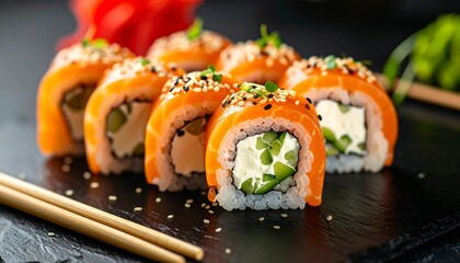 Delicious Sushi Roll with Salmon and Cream Cheese Close Up.