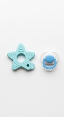 Baby Teether and Pacifier in Blue and White Isolated on White Background