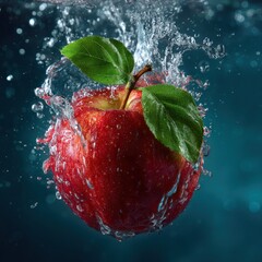 red apple with green leaf underwater splash motion