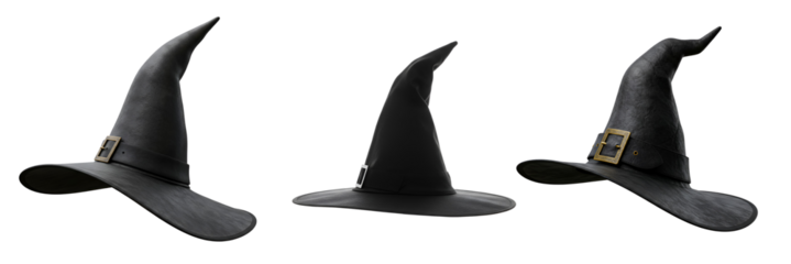 Three distinct black witch hats with buckles showcase magical, spooky, and costume design elements with transparent background