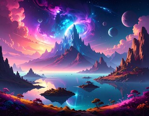 Fantasy Landscape Cosmic Mountain with Planet, Lake, and Nebula Sky.