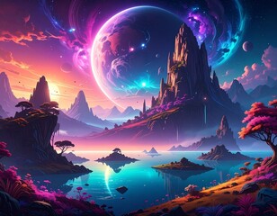 Fantasy Planet Landscape with Mountains with Lake  Universe.
